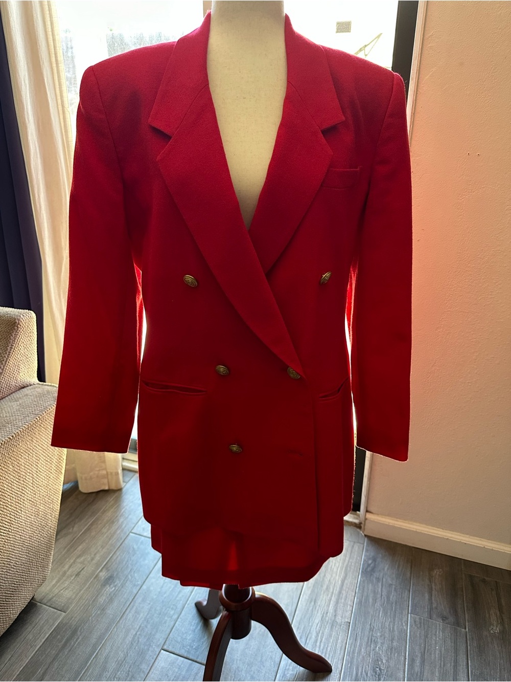 Red Double-Breasted Women's Blazer Coat with Skirt